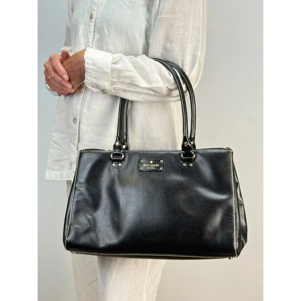 Kate Spade Black Pebbled Leather Wellesley Martine Tote Bag Contrast Stitch